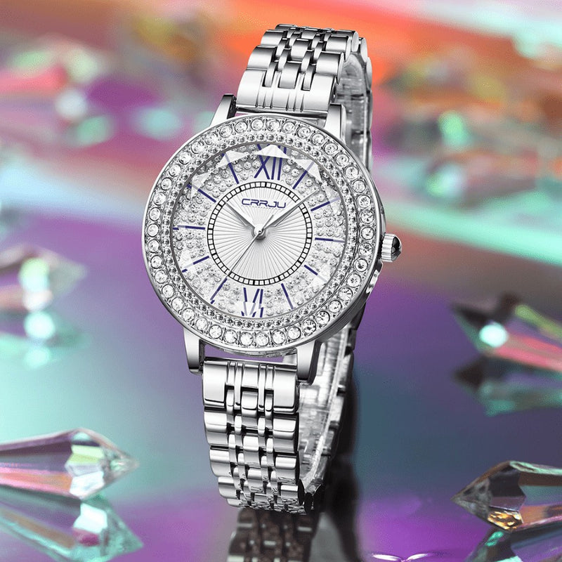 Relógio Feminino CRRJU CRISTAL DIAMOND - Vidro Lapidado, Cravejado Com Cristais de Zircônia, Movimento de Quartzo, Resistente à Água 30M