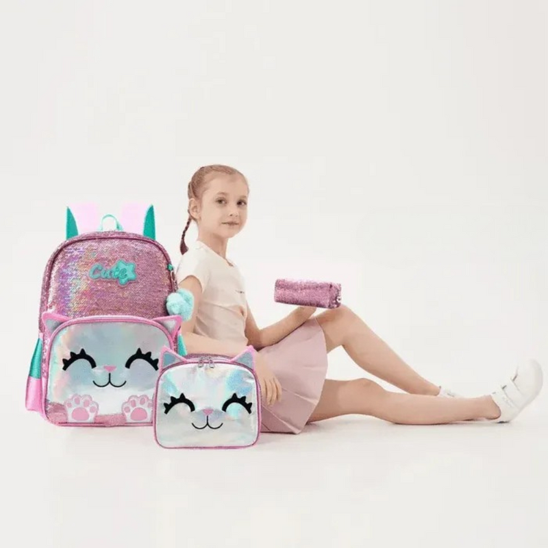 Mochila Infantil para Meninas Super Shine Com Lantejoulas + Estojo e Lancheira de Brinde