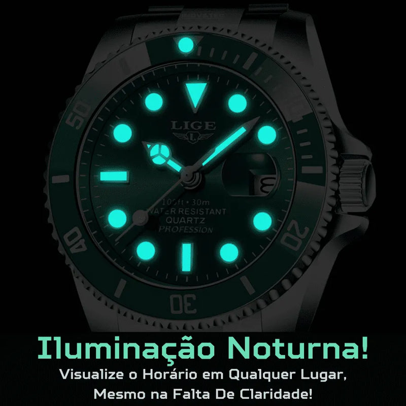 Relógio Masculino LIGE "Quartz Date" - Aço Inoxidável, Movimento de Quartzo, Data, Catraca Funcional, Vidro de Cristal e À Prova D'água 30 Metros