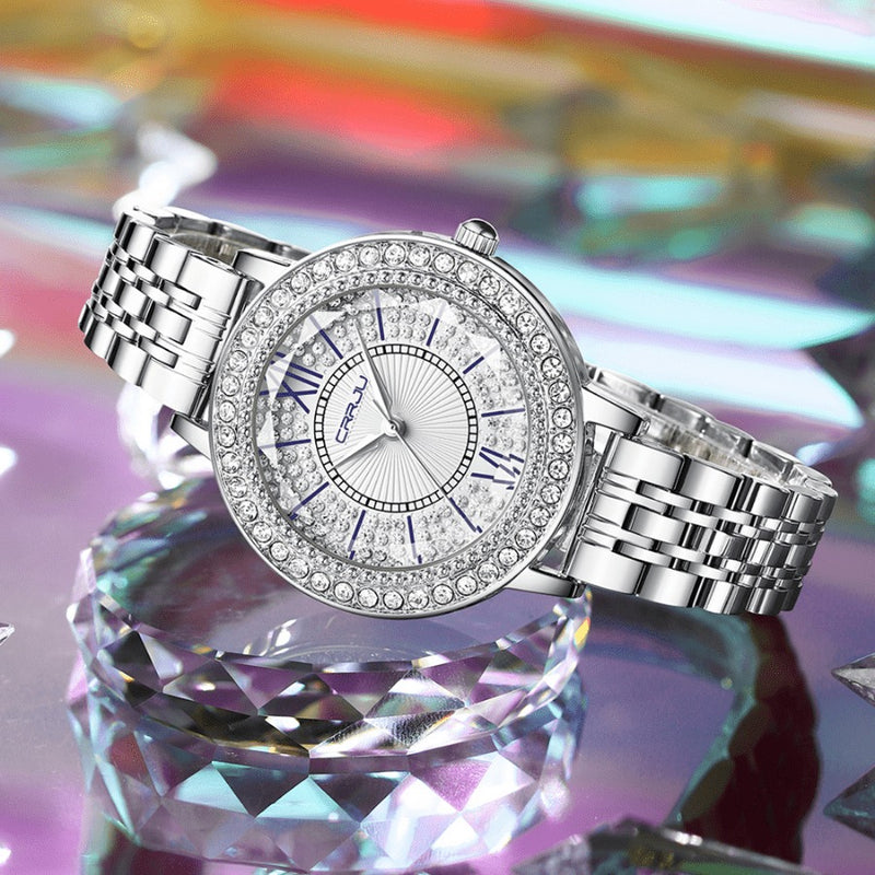 Relógio Feminino CRRJU CRISTAL DIAMOND - Vidro Lapidado, Cravejado Com Cristais de Zircônia, Movimento de Quartzo, Resistente à Água 30M
