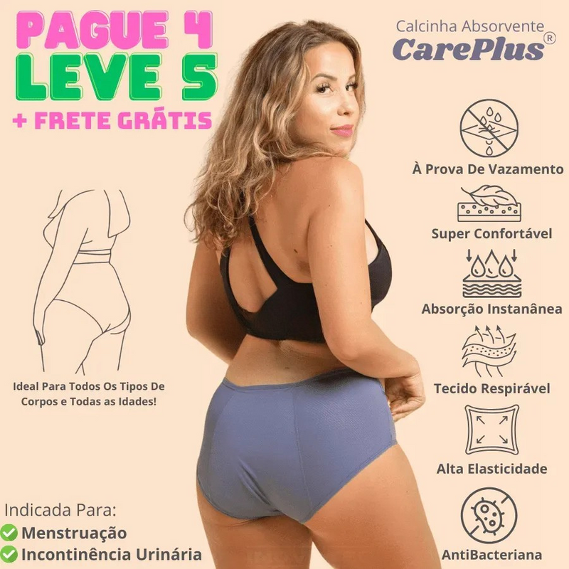Calcinha Absorvente Protetora para Incontinência CarePlus® [Leve 5 Pague 4 + Frete Grátis]