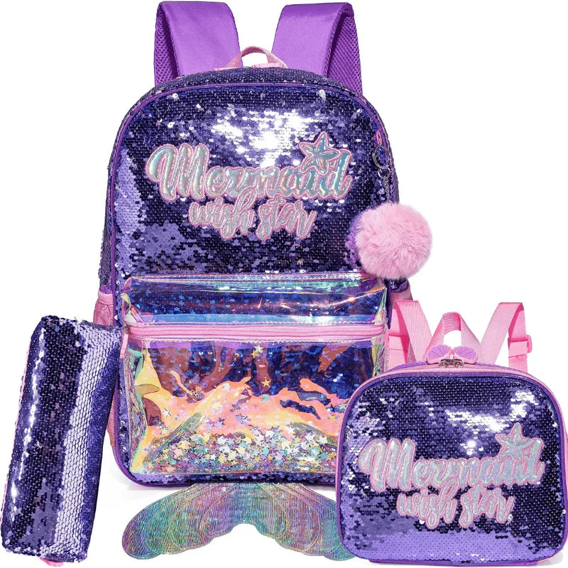 Mochila Infantil para Meninas Super Shine Com Lantejoulas + Estojo e Lancheira de Brinde