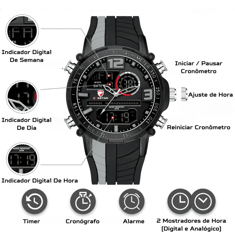 Relógio Masculino CHEETAH DIGITAL - Design Esportivo, Cronógrafo, Mostrador Digital Luminoso, Calendário e à Prova D'água