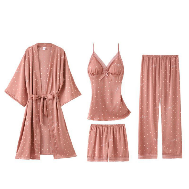 Pijama Feminino SleepWear - Conjunto 5 Peças, Roupão, Camisola, Calça, Shorts e BabyDoll em Seda Cetim | Toque de Seda Super Confortável