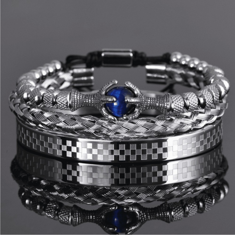 Kit de 3 Pulseiras Masculinas Premium Ajustáveis com Pedra Natural OLHO de TIGRE