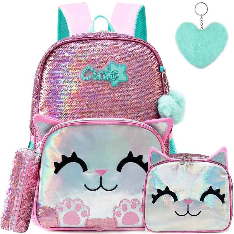 Mochila Infantil para Meninas Super Shine Com Lantejoulas + Estojo e Lancheira de Brinde