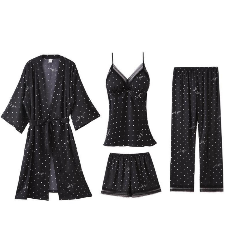 Pijama Feminino SleepWear - Conjunto 5 Peças, Roupão, Camisola, Calça, Shorts e BabyDoll em Seda Cetim | Toque de Seda Super Confortável