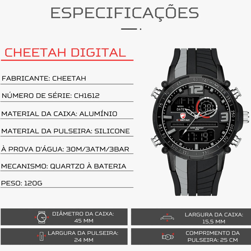 Relógio Masculino CHEETAH DIGITAL - Design Esportivo, Cronógrafo, Mostrador Digital Luminoso, Calendário e à Prova D'água