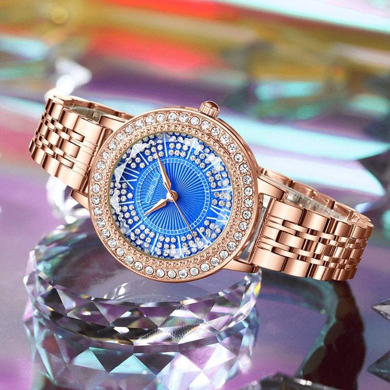 Relógio Feminino CRRJU CRISTAL DIAMOND - Vidro Lapidado, Cravejado Com Cristais de Zircônia, Movimento de Quartzo, Resistente à Água 30M