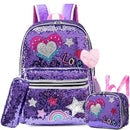 Mochila Infantil para Meninas Super Shine Com Lantejoulas + Estojo e Lancheira de Brinde