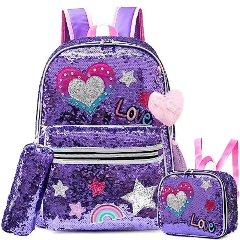 Mochila Infantil para Meninas Super Shine Com Lantejoulas + Estojo e Lancheira de Brinde