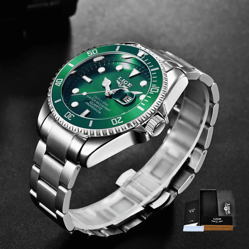 Relógio Masculino LIGE "Quartz Date" - Aço Inoxidável, Movimento de Quartzo, Data, Catraca Funcional, Vidro de Cristal e À Prova D'água 30 Metros