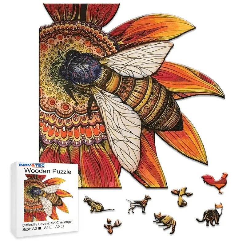 Quebra-Cabeça De Madeira Inova WOOD PUZZLE - Abelha No Girassol | Diversão Com Diversos Benefícios