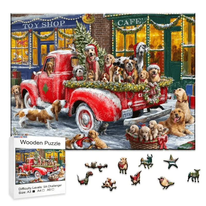 Quebra-Cabeça de Madeira Inova WOOD PUZZLE - Cachorros Natalinos | Diversão com Diversos Benefícios