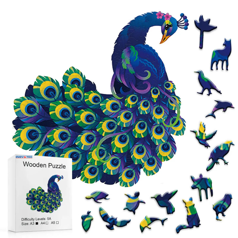 Quebra-Cabeça de Madeira Inova WOOD PUZZLE - Pavão Brasileiro | Diversão com Diversos Benefícios para Crianças e Idosos