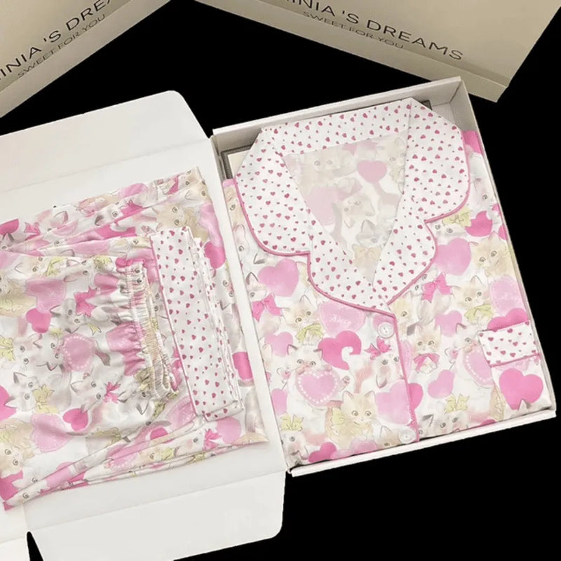 Pijama Feminino LuxuryCat - Conjunto Calça e Camisa Longa Em Seda Gelo Premium | Toque De Seda Super Confortável