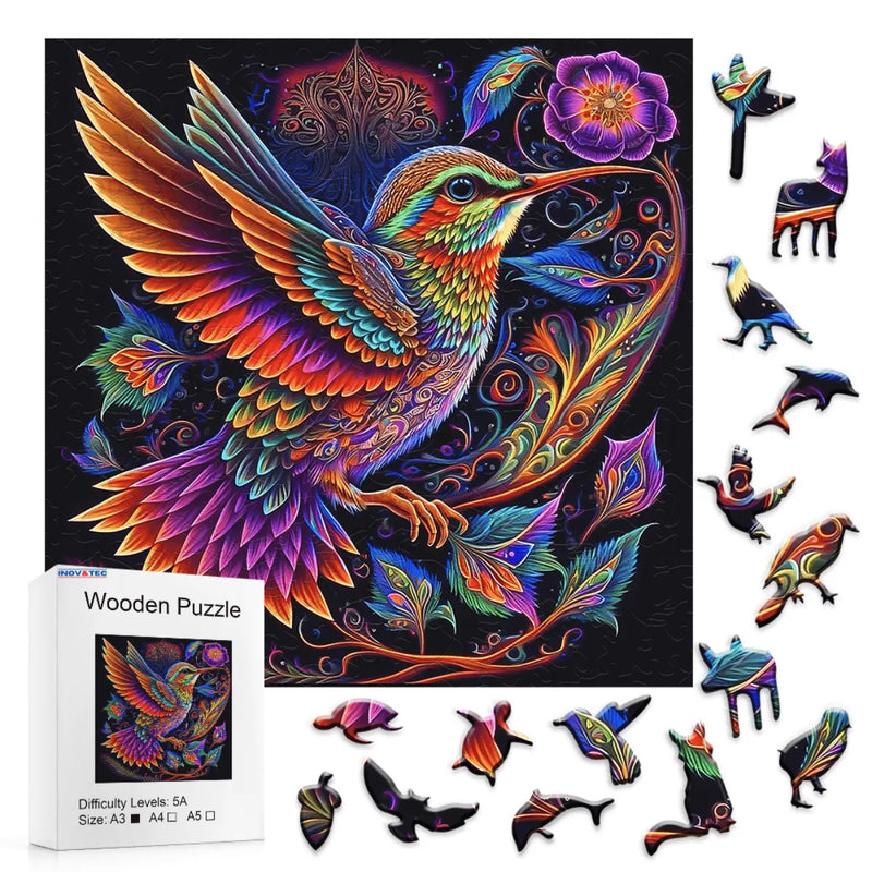 Quebra-Cabeça de Madeira Inova WOOD PUZZLE - Beija-flor Psicodélico | Diversão com Diversos Benefícios