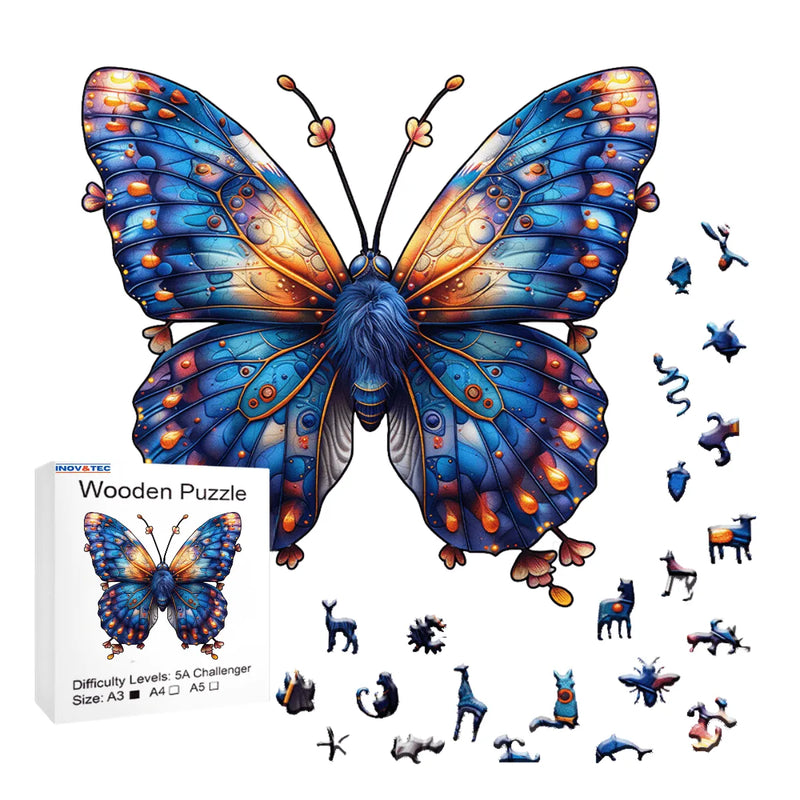 Quebra-Cabeça de Madeira Inova WOOD PUZZLE - Borboleta Azul | Diversão com Diversos Benefícios para Crianças e Idosos