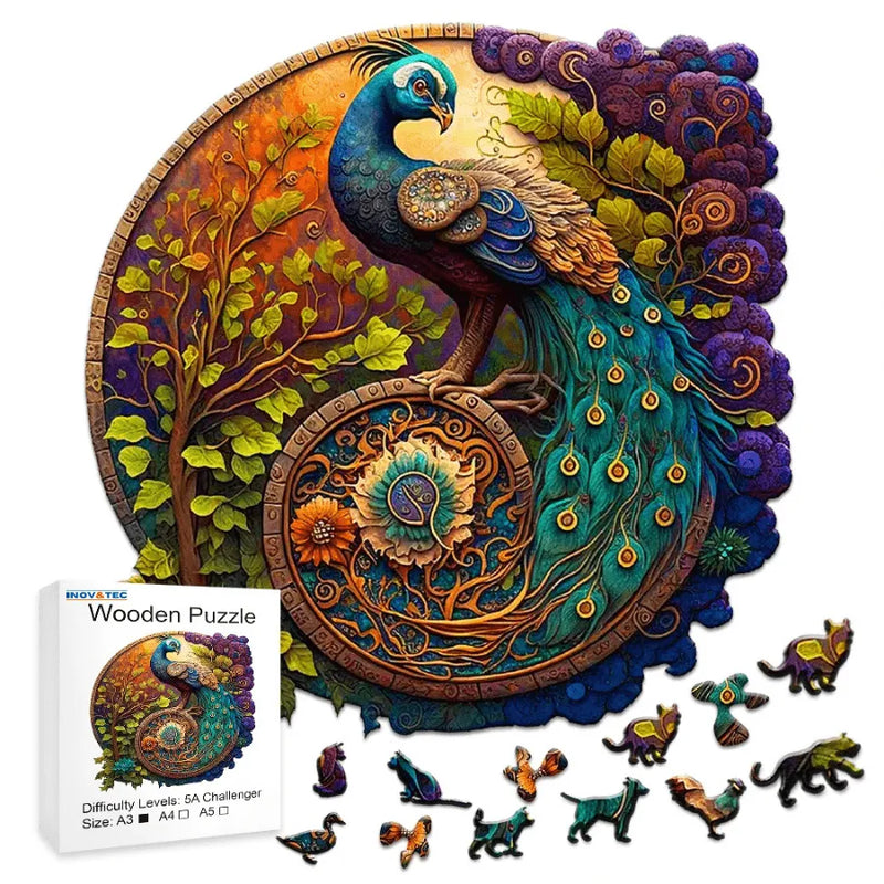 Quebra-Cabeça De Madeira Inova WOOD PUZZLE - Pavão Na Natureza | Diversão Com Diversos Benefícios Para Crianças e Idosos