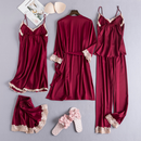 Conjunto 5 Peças Pijama Feminino Madamme Com Camisola, Baby Doll, Shorts, Calça e Roupão Em Seda Gelo Premium | Toque De Seda Confortável