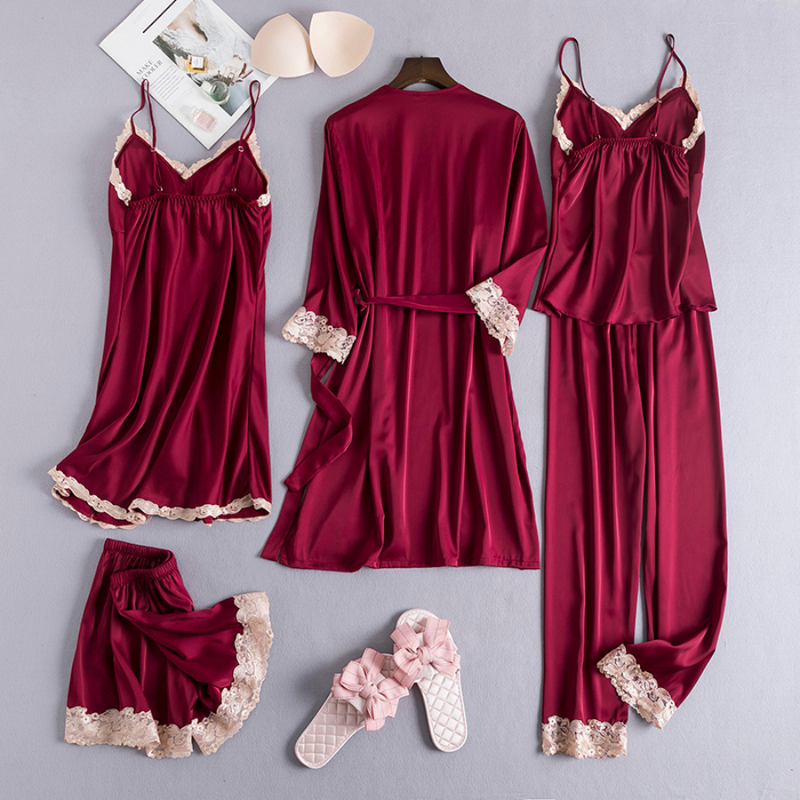 Conjunto 5 Peças Pijama Feminino Madamme Com Camisola, Baby Doll, Shorts, Calça e Roupão Em Seda Gelo Premium | Toque De Seda Confortável