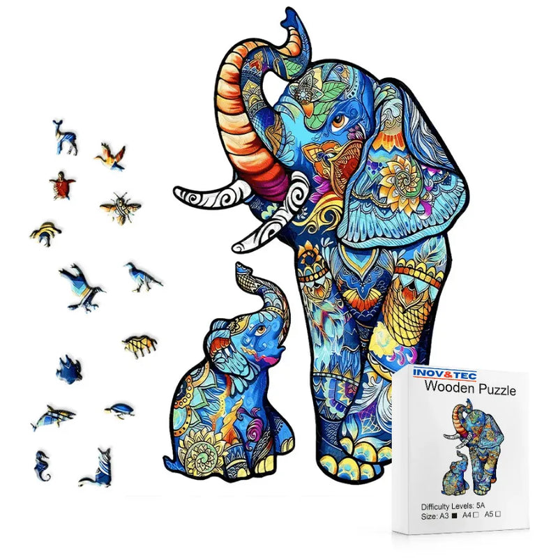 Quebra-Cabeça De Madeira Inova WOOD PUZZLE - Elefante e Seu Filhote | Diversão Com Diversos Benefícios
