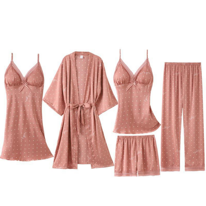 Pijama Feminino SleepWear - Conjunto 5 Peças, Roupão, Camisola, Calça, Shorts e BabyDoll em Seda Cetim | Toque de Seda Super Confortável