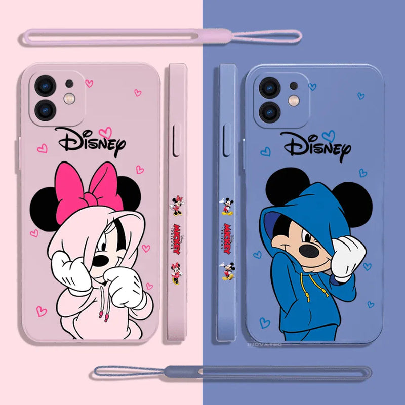 Capinha de Celular para Iphone com Cordão de Brinde de Casal Mickey e Minnie