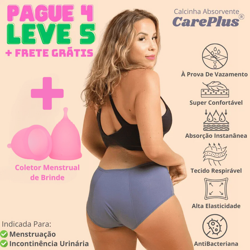 Calcinha Absorvente Protetora CarePlus® + Coletor Menstrual de Brinde [Leve 5 Pague 4]