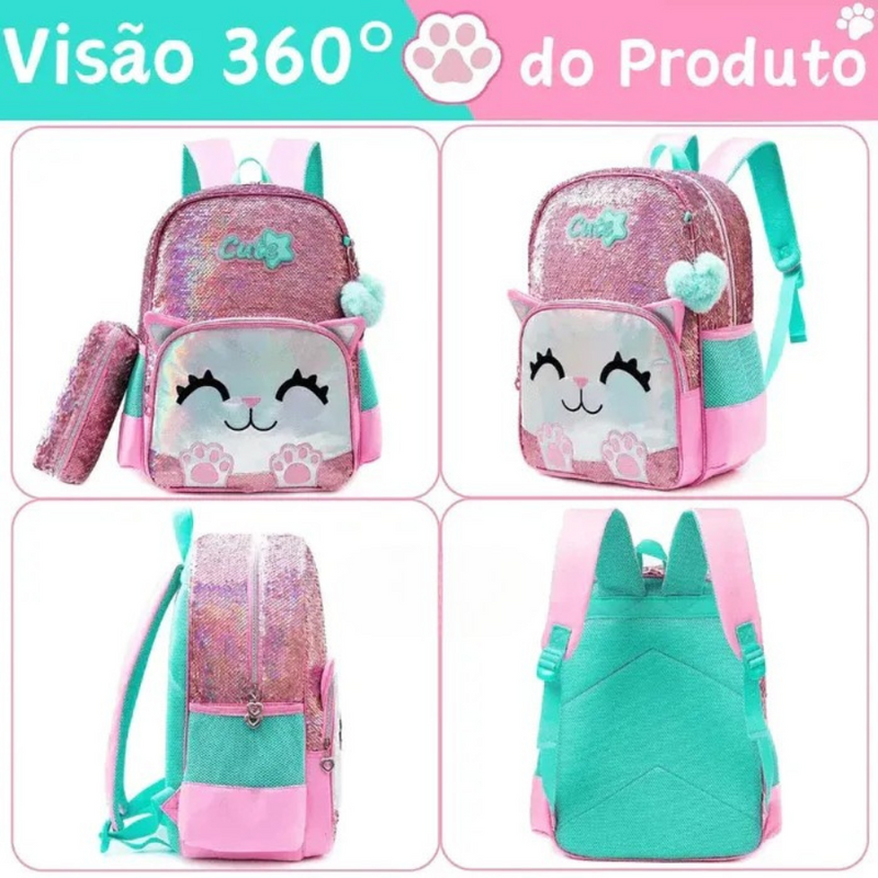 Mochila Infantil para Meninas Super Shine Com Lantejoulas + Estojo e Lancheira de Brinde