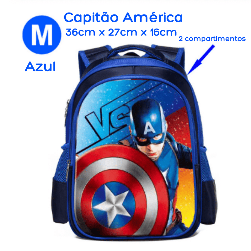 Mochila Escolar Infantil com 3 Compartimentos à Prova D'água Vingadores Heróis