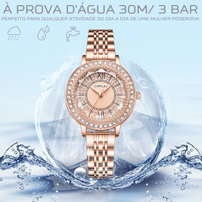 Relógio Feminino CRRJU CRISTAL DIAMOND - Vidro Lapidado, Cravejado Com Cristais de Zircônia, Movimento de Quartzo, Resistente à Água 30M