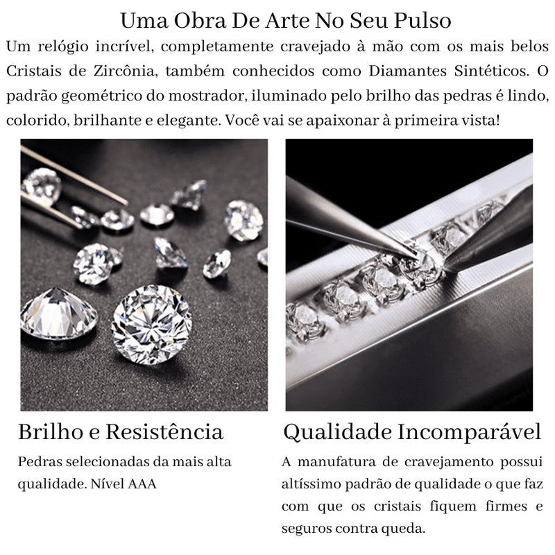 Relógio Feminino CRRJU CRISTAL DIAMOND - Vidro Lapidado, Cravejado Com Cristais de Zircônia, Movimento de Quartzo, Resistente à Água 30M