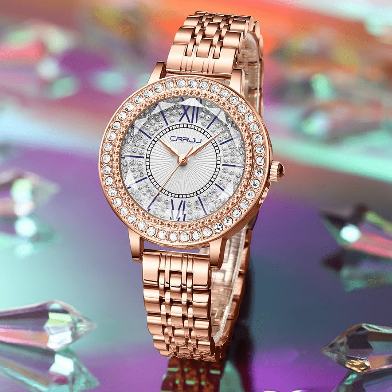 Relógio Feminino CRRJU CRISTAL DIAMOND - Vidro Lapidado, Cravejado Com Cristais de Zircônia, Movimento de Quartzo, Resistente à Água 30M