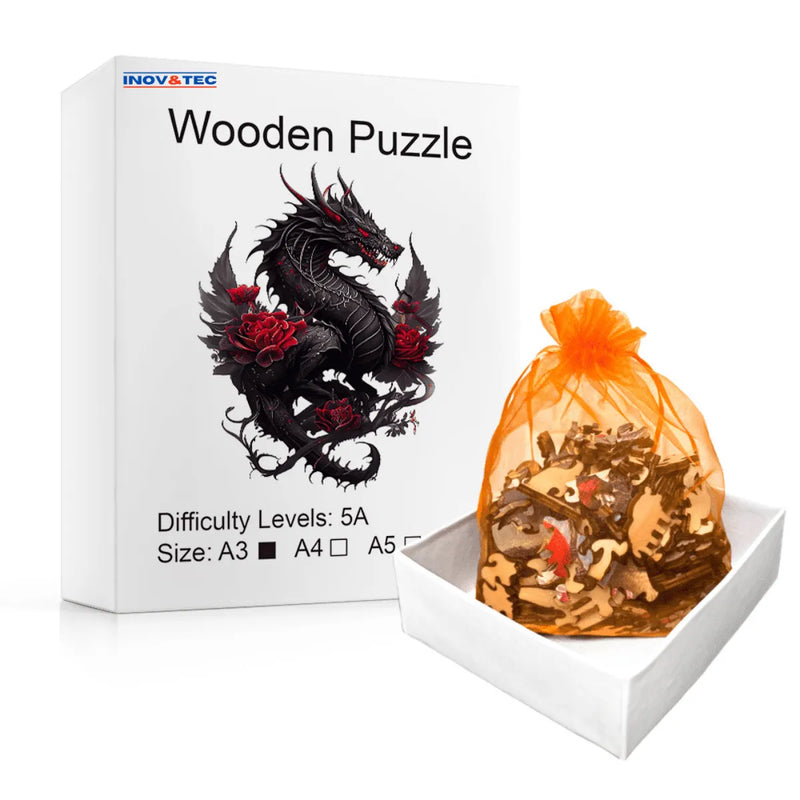 Quebra-Cabeça de Madeira Inova WOOD PUZZLE - Dragão Vermelho | Diversão com Diversos Benefícios para Crianças e Idosos