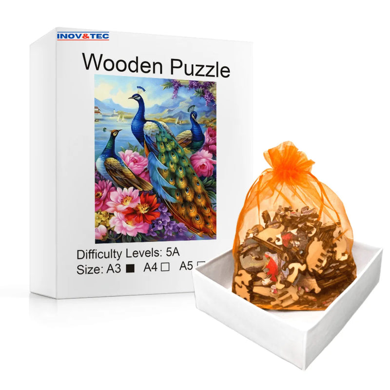 Quebra-Cabeça de Madeira Inova WOOD PUZZLE - Pavões em seu Habitat  | Diversão com Diversos Benefícios