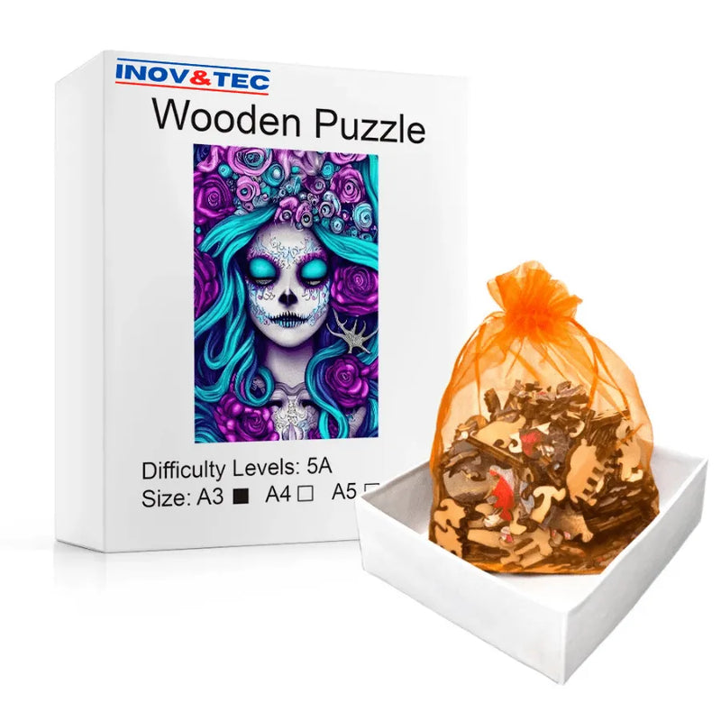 Quebra-Cabeça De Madeira Inova WOOD PUZZLE - Caveira Mexicana Azul | Diversão Com Diversos Benefícios