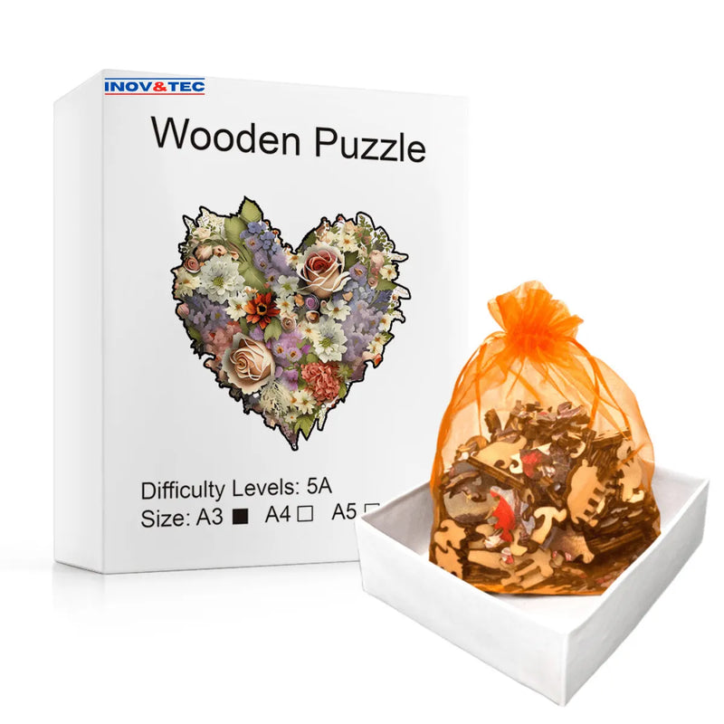 Quebra-Cabeça de Madeira Inova WOOD PUZZLE - Coração Floral | Diversão com Diversos Benefícios para Crianças e Idosos