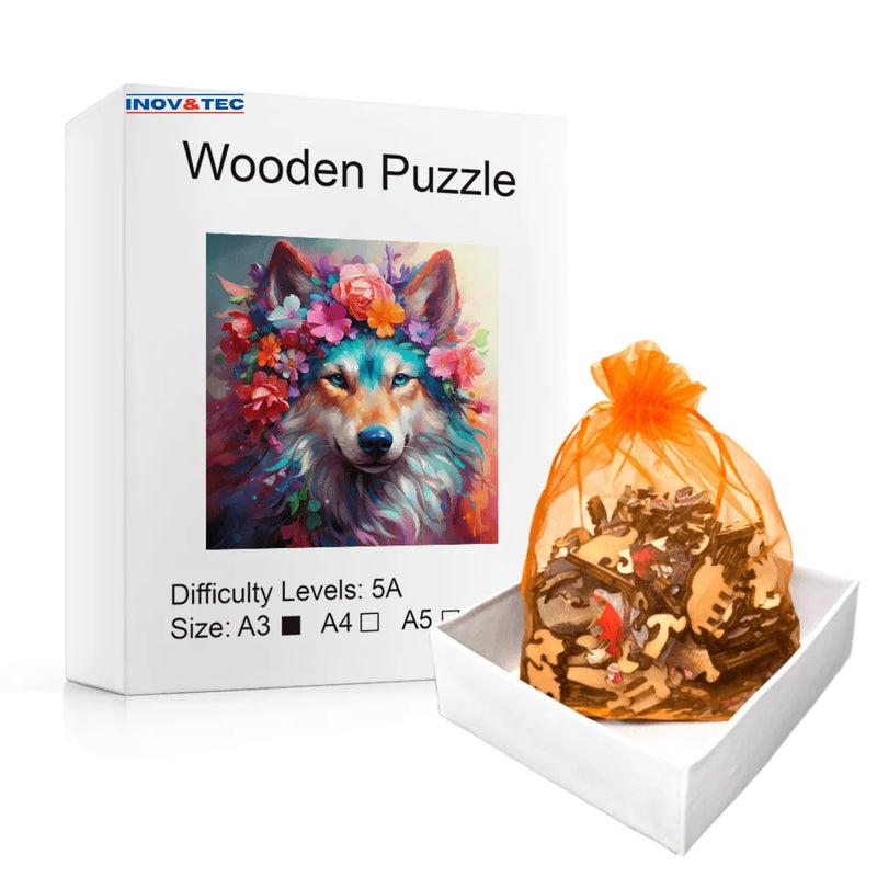 Quebra-Cabeça de Madeira Inova WOOD PUZZLE - Cachorro Floral | Diversão com Diversos Benefícios para Crianças e Idosos