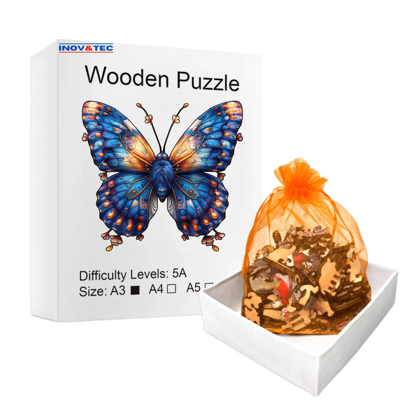Quebra-Cabeça de Madeira Inova WOOD PUZZLE - Borboleta Azul | Diversão com Diversos Benefícios para Crianças e Idosos