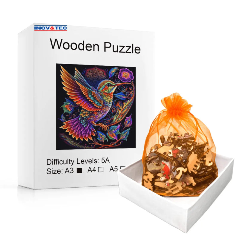 Quebra-Cabeça de Madeira Inova WOOD PUZZLE - Beija-flor Psicodélico | Diversão com Diversos Benefícios