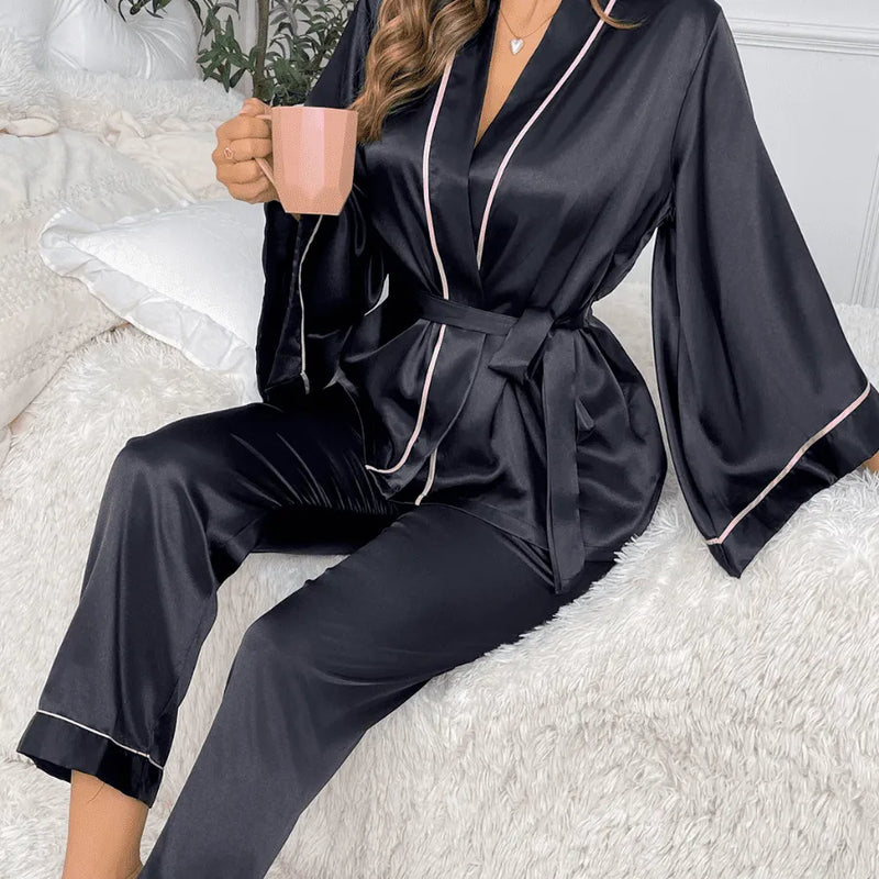 Conjunto Roupão e Calça em Seda Gelo Premium Pijama Feminino Blissfu