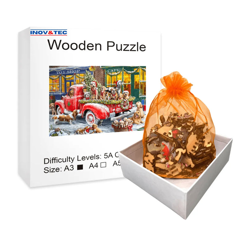 Quebra-Cabeça de Madeira Inova WOOD PUZZLE - Cachorros Natalinos | Diversão com Diversos Benefícios