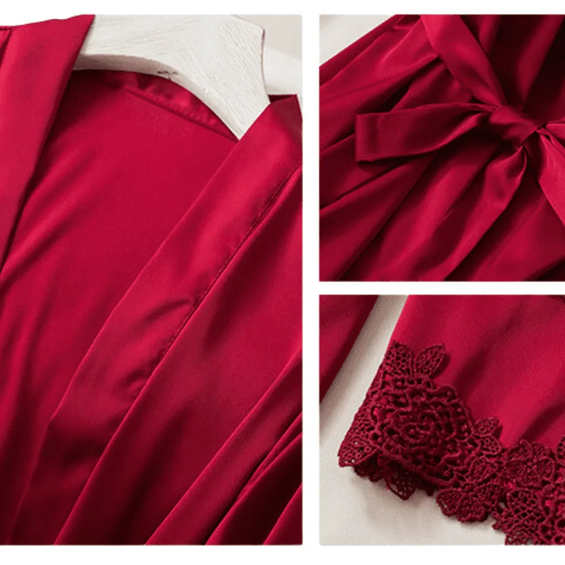 Conjunto 5 Peças Pijama Feminino Monroe Com Camisola, Baby Doll, Shorts, Calça e Roupão Em Seda Gelo Premium | Toque De Seda Confortável