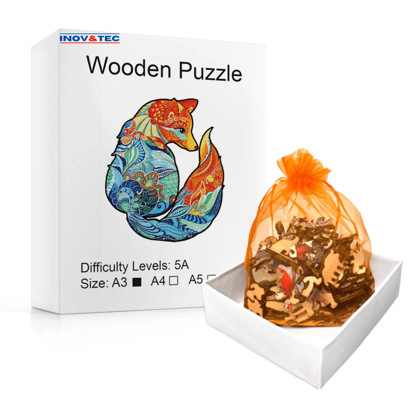 Quebra-Cabeça de Madeira Inova WOOD PUZZLE - Raposa Floral | Diversão com Diversos Benefícios para Crianças e Idosos