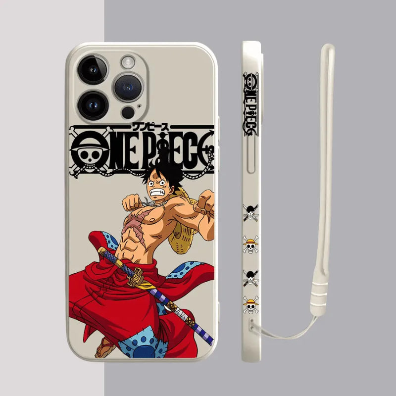 Capinha de Celular para Iphone em Silicone com Cordão One Piece Luffy e Zoro
