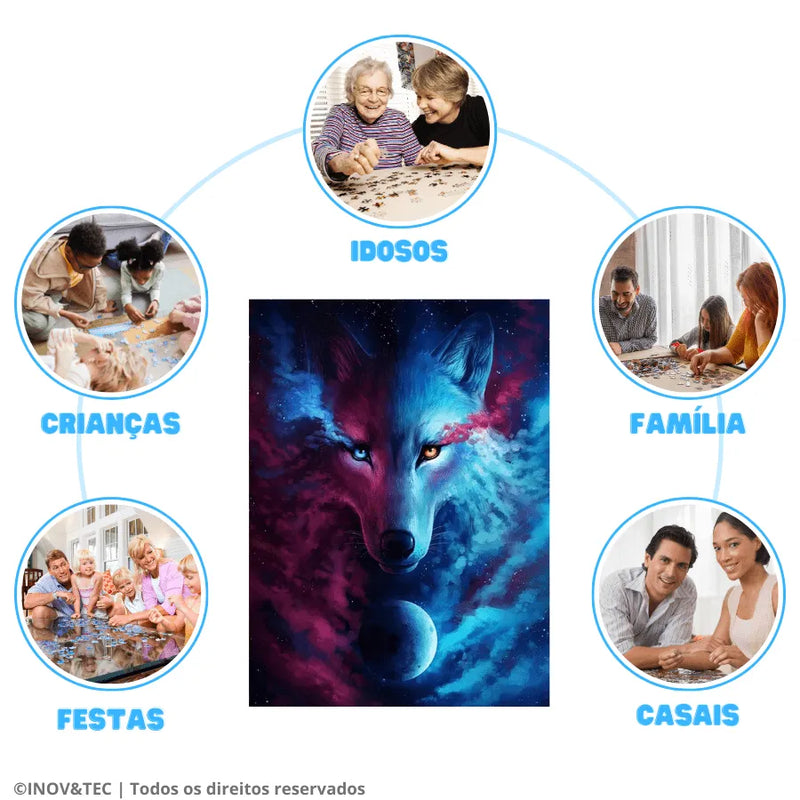 Quebra-Cabeça De Madeira Inova WOOD PUZZLE - Lobo Na Galáxia | Diversão Com Diversos Benefícios Para Crianças e Idosos