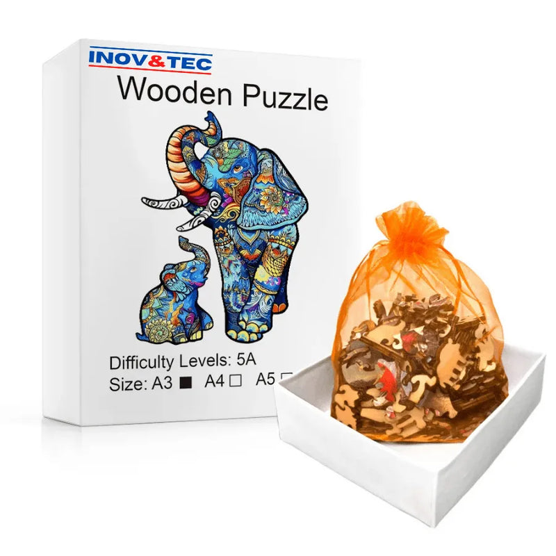 Quebra-Cabeça De Madeira Inova WOOD PUZZLE - Elefante e Seu Filhote | Diversão Com Diversos Benefícios