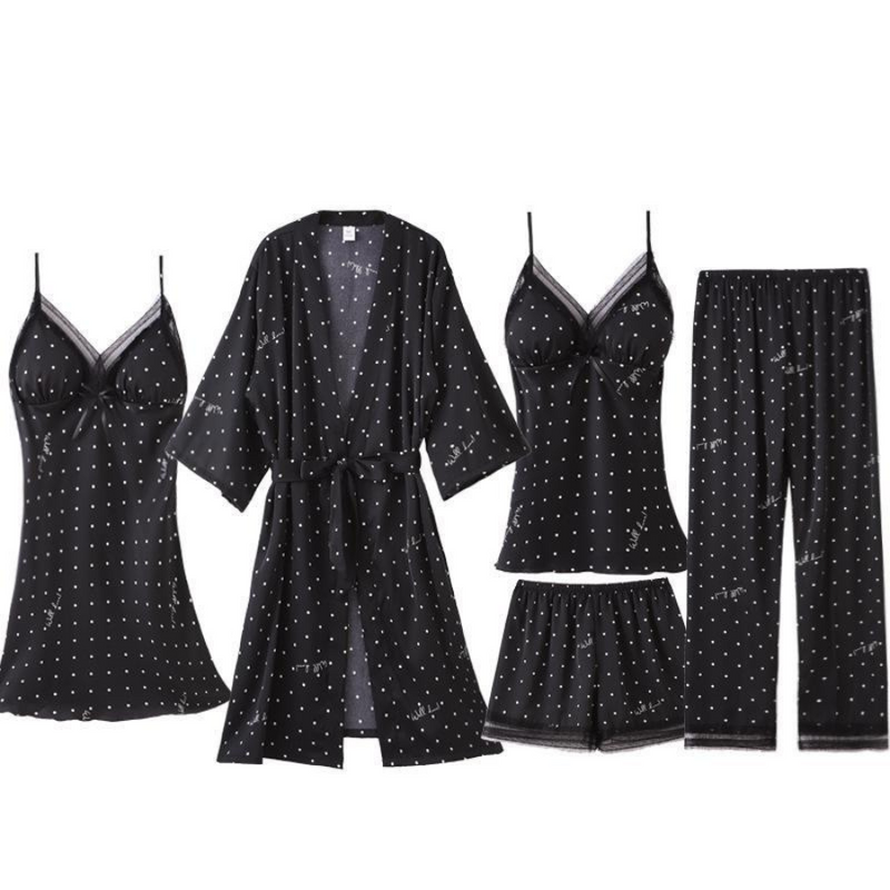 Pijama Feminino SleepWear - Conjunto 5 Peças, Roupão, Camisola, Calça, Shorts e BabyDoll em Seda Cetim | Toque de Seda Super Confortável