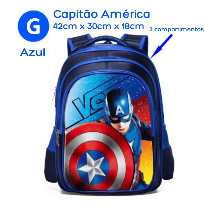 Mochila Escolar Infantil com 3 Compartimentos à Prova D'água Vingadores Heróis